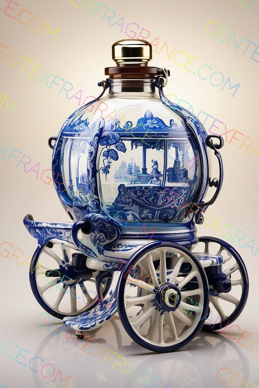 CFCS 01022112 Clip Art Blue White Carriage and Fragrance Bottles with Citrus Fruit